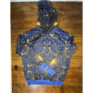 Hoodie Medium Blue Gold Face Print Pullover Sweatshirt